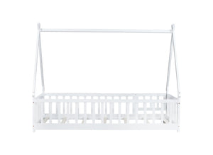 English Elm Twin Teepee Floor Bed With Guardrails - Whimsical White Design For Cozy Child'S Room Decor W504P345781-GIGA