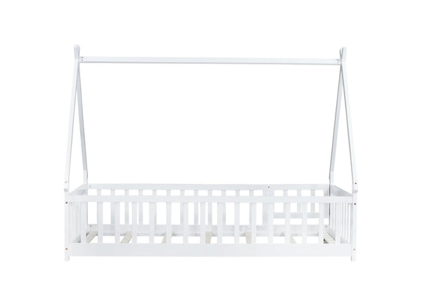 English Elm Twin Teepee Floor Bed With Guardrails - Whimsical White Design For Cozy Child'S Room Decor W504P345781-GIGA
