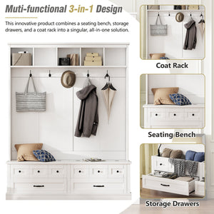 English Elm ON-TREND Elegant Wide Hall Tree with Lift-Top Storage Bench, 5 Hooks, 2 Drawers, Retro Handles, 59" W White N721P234409K