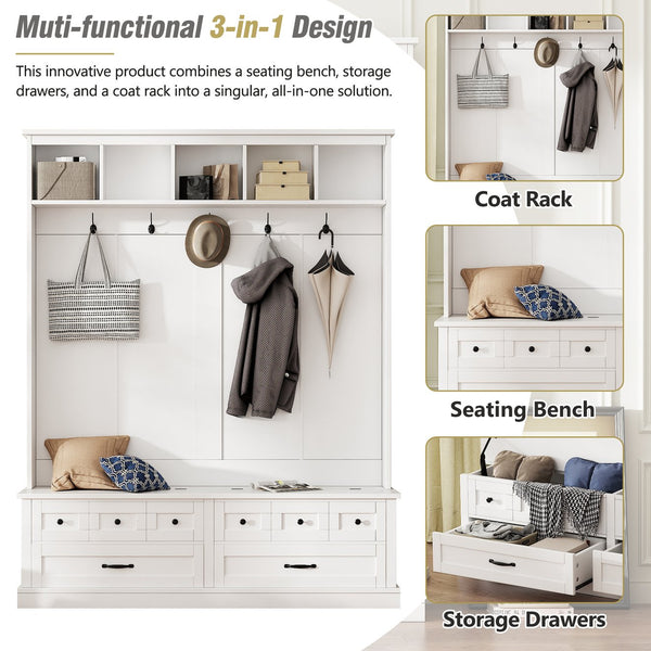 English Elm ON-TREND Elegant Wide Hall Tree with Lift-Top Storage Bench, 5 Hooks, 2 Drawers, Retro Handles, 59" W White N721P234409K