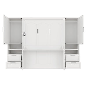 English Elm Queen Murphy Fold Down Wall Bed with Wardrobe Drawers and Shelves for Guest Rooms White LP000909AAK-2