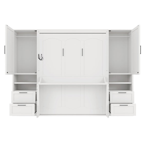 English Elm Queen Murphy Fold Down Wall Bed with Wardrobe Drawers and Shelves for Guest Rooms White LP000909AAK-2