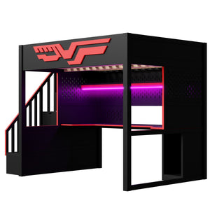 English Elm Gaming Full Loft Bed with Workstation Storage Staircase Led Lights and Usb Port N7090004031B