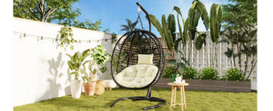 English Elm U_style Wicker Hanging Egg Chair with Stand Hdpe Cocoon Swing for Balcony Garden Black+Beige N711P389503A