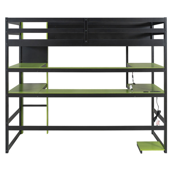 English Elm Twin Loft Bed with Rgb Lighting Usb Ports Wraparound Shelves and Gaming Desk Green LT000298AAF