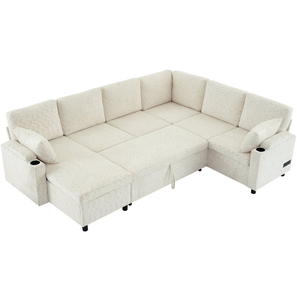 English Elm 109.9" Sectional Sofa Bed U-Shaped Pull-Out Sleeper with Storage Chaise, Cup Holders, USB Ports & Chenille Comfort Beige N719S001910A