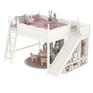 English Elm Queen Solid Pine Loft Bed with Wardrobe Shelves Detachable Slide and Dual Sleeping Zones Beige W5305S00028