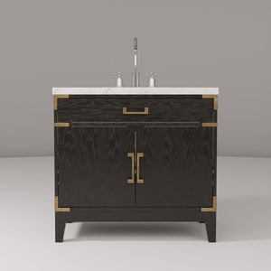 English Elm Black Oak Single-Sink Vanity 36" W With Carrara Marble Top & Chrome Faucet Set For Elegant Storage B2731P260918
