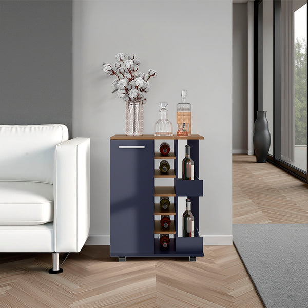 English Elm Bar Cart Natural Oak Blue with Locking Casters, Spacious Cabinet, 2 Open Shelves, 6 Bottle Cubbies, Stylish Serve B070P378357