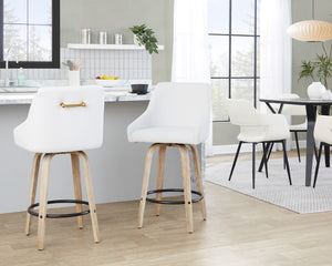 English Elm 26" Swivel Counter Stools Set of 2 Faux Leather Gold Accents Whitewashed Wood B202S01836