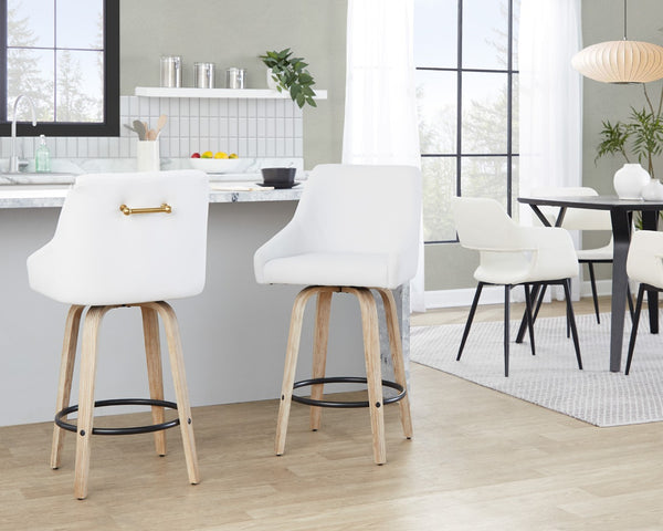 English Elm 26" Swivel Counter Stools Set of 2 Faux Leather Gold Accents Whitewashed Wood B202S01836