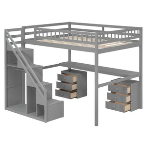 English Elm Full Size Loft Bed with Desk Drawers Led Strip and Staircase for Teen Rooms Gray LT000258AAE-1