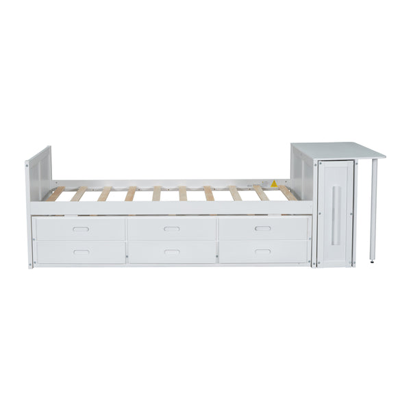 English Elm Twin Multifunctional Wood Platform Bed with Built-In Desk, Trundle & 3 Drawers for Small Spaces White 44.3 L x 23.1 W x 9 H N733S212832K