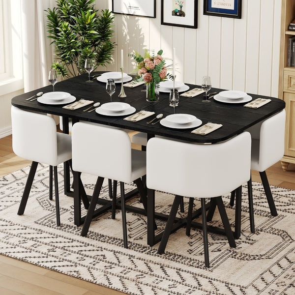 English Elm Black Wood Grain Rectangular Table with Six White Pu Upholstered Chairs Modern Set W3875S00094