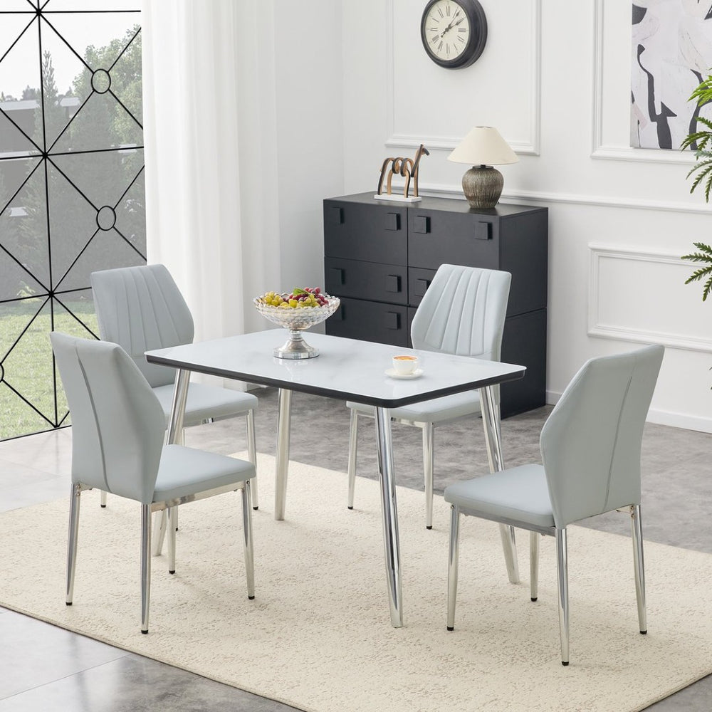 English Elm Table and Chair Set Marble Glass Top with Gray Pu Seating for Modern Dining W1151S04647