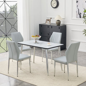 English Elm Table and Chair Set Marble Glass Top with Gray Pu Seating for Modern Dining W1151S04647