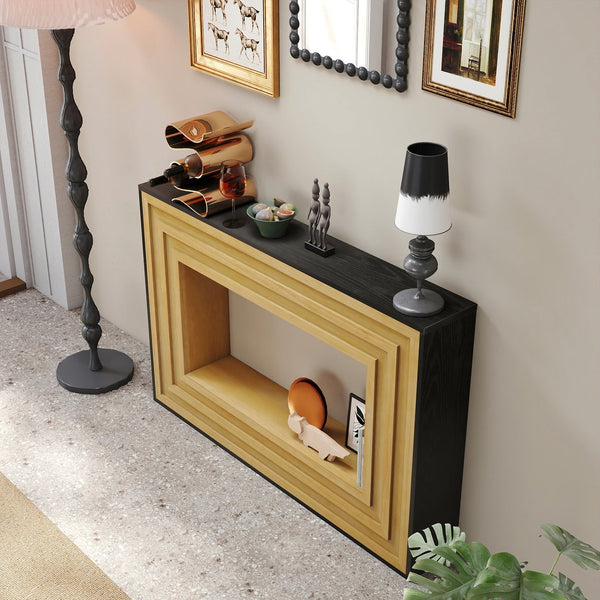 English Elm Modern Layered Console Table with Natural Wood Frame and Matte Black Top — Sleek Entryway Accent, Durable MDF Craftsmanship W3123P369227