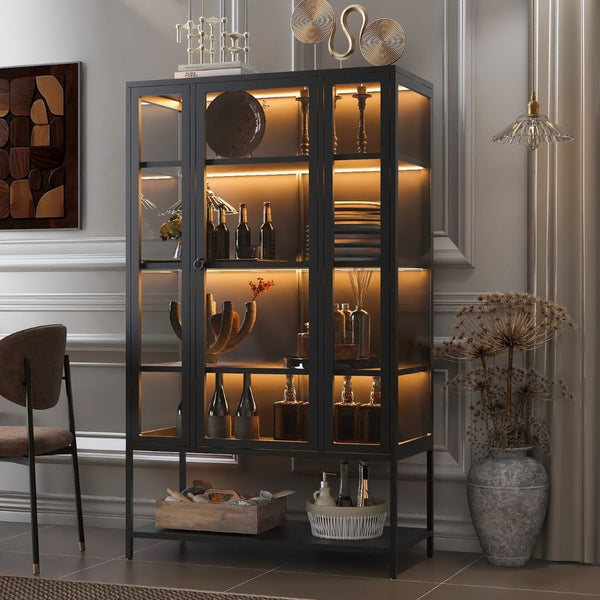 English Elm 67.25'' Tall Steel Curio Cabinet with Led Lighting and Tempered Glass Panels Black SN845P263995B