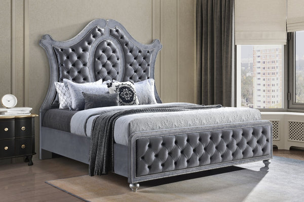 English Elm 1Pc King Panel Bed - Luxurious Diamond-Tufted Headboard With Crystal Accents In Chic Gray Silver Finish B2741S00237