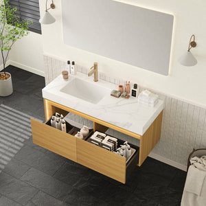 English Elm NYAH Floating 48" Bathroom Vanity with Carrara Sintered Stone Top, Undermount Basin & LED Sensor Light W2615S00367