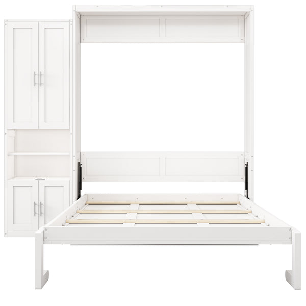 English Elm Full Murphy Bed with Side Cabinet, Desk Combo, USB Charging, Adjustable Shelves, 600lb Capacity, White BS7012008109C