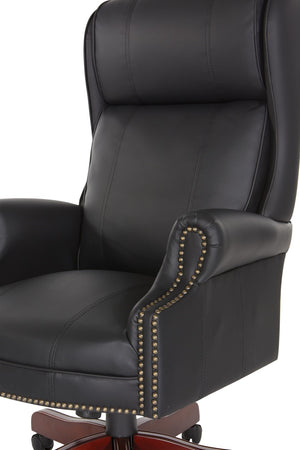 OSP Home Furnishings Executive Wingback Office Chair with Lumbar Support Brass Nail Trim and Cherry Wood Base TEX280-3