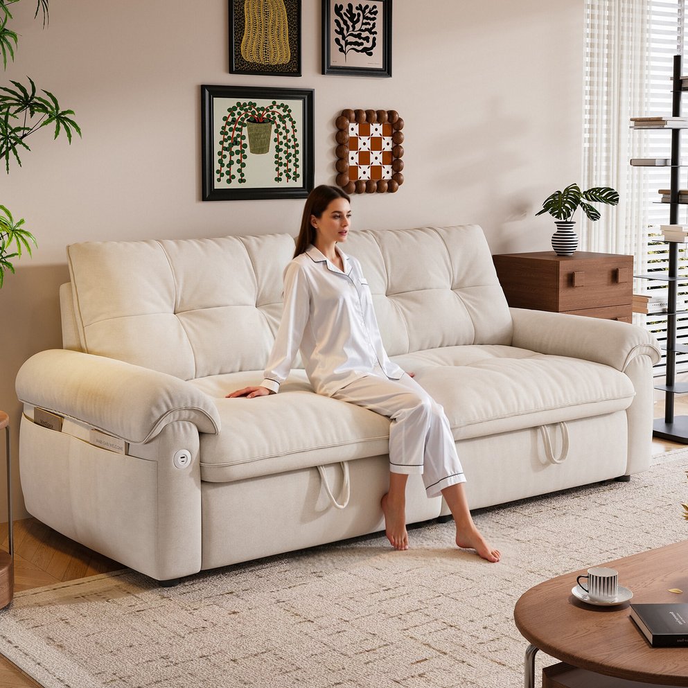 English Elm It 77-inch convertible velvet sofa bed, 2-in-1 loveseat to guest bed with steel frame, high-resilience foam comfort Beige W3820S00014