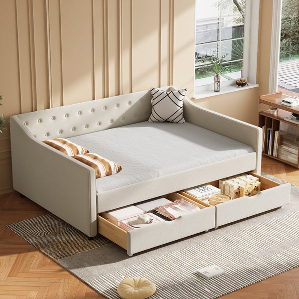 English Elm Full Size Upholstered Daybed With Storage Drawers - Elegant Tufted Sofa Bed In Beige For Versatility W2336S00034