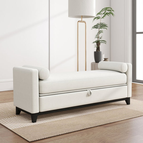English Elm 66 Inch Sherpa Upholstered Storage Bench with Fluted Wood Base and Bolster Pillows W1658P446122