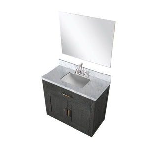 English Elm Black Oak Single Bath Vanity Set With Carrara Marble Top, Chrome Faucet, And Frameless Mirror 34" B2731S02208