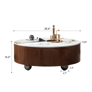 English Elm Rustic Round Coffee Table with Gold Nero Sintered Stone Top, Walnut Base, 2 Soft-Close Drawers, Modern Elegance W3136P304987