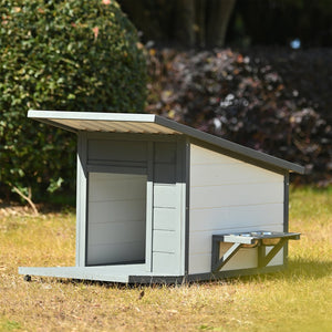 English Elm Outdoor Solid Wood Dog House with Waterproof PVC Roof, Dual Bowls, Lockable 4-Wheel Base, Grey Modern Shelter for Small Pets N843P252402B