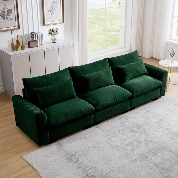 English Elm 3 Seater Deep Seat Corduroy Sofa with Plush Waist Pillows, Modular Comfort and Luxe Cozy Design Green W714S00670
