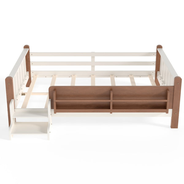 English Elm Twin Pine Floor Bed for Kids with Side Bookcases Built-in Stairs and Safety Guardrails Beige W1580P390220