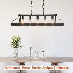 English Elm 34-inch Matte Black Iron Linear Chandelier Five Sockets Industrial Farmhouse Dining W1340P251925