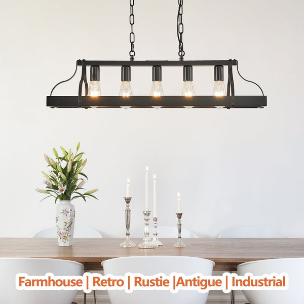 English Elm 34-inch Matte Black Iron Linear Chandelier Five Sockets Industrial Farmhouse Dining W1340P251925