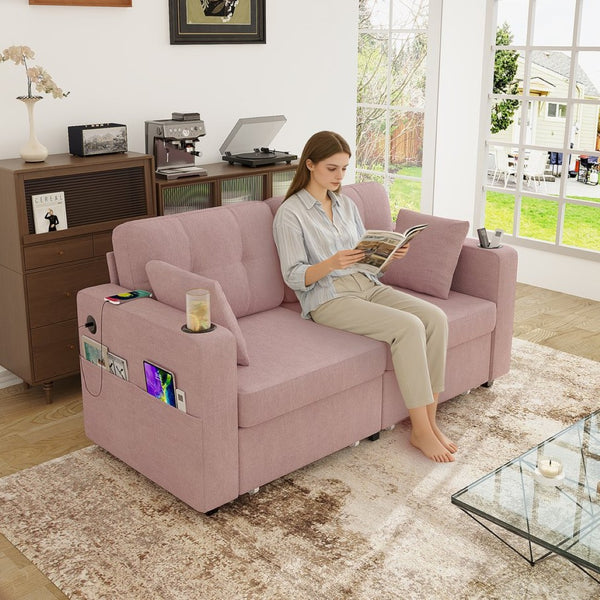 English Elm Sofas for Living Room Chenille Three Seat Couch with Usb Charging Storage and Cup Holder Pink W395S00147