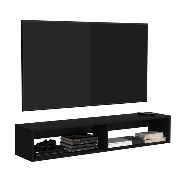 English Elm Warrior Floating TV Stand 59" Wall Shelf with Two Open Shelves, Cable Management, Sturdy 50lb Capacity Black 65 L x 18 W x 3.6 H B070P224232