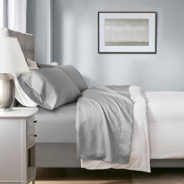 English Elm 4-piece King Sateen Cotton Blend Sheet Set with Cooling Moisture Wicking Peached Finish Grey B035P437423