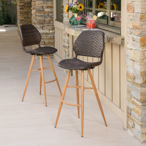 English Elm Christopher Knight Home® - LARYN Outdoor Wicker Barstools - Set of 2 Multibrown Seats with Wood-Finish Metal Legs, Durable Patio Seating 62619.00MBRN