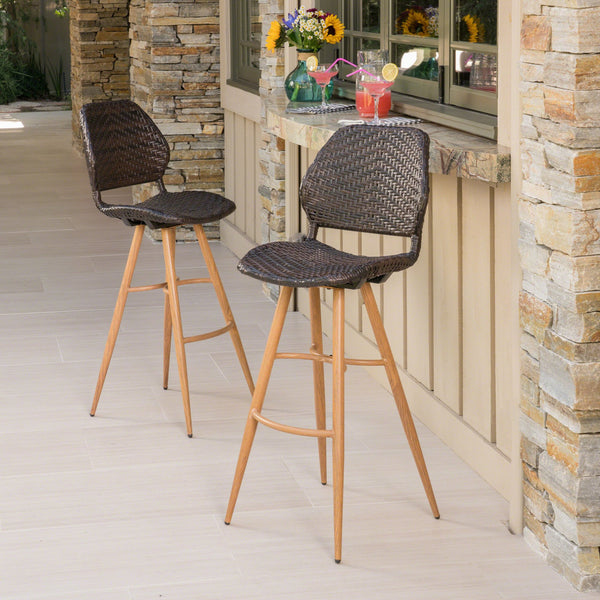 English Elm Christopher Knight Home® - LARYN Outdoor Wicker Barstools - Set of 2 Multibrown Seats with Wood-Finish Metal Legs, Durable Patio Seating 62619.00MBRN