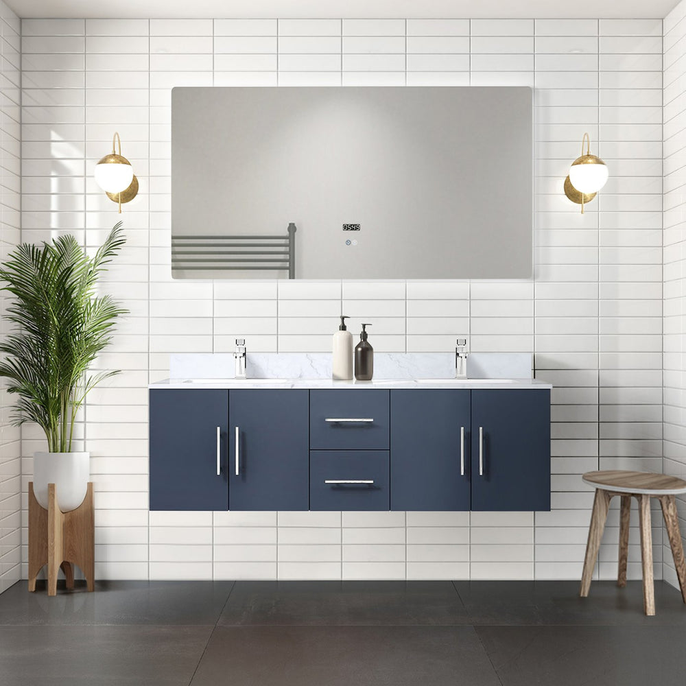 English Elm Navy Double Bath Vanity With Carrara Marble Top, Led Mirror & Ample Storage For Modern Bathrooms B2731S00669