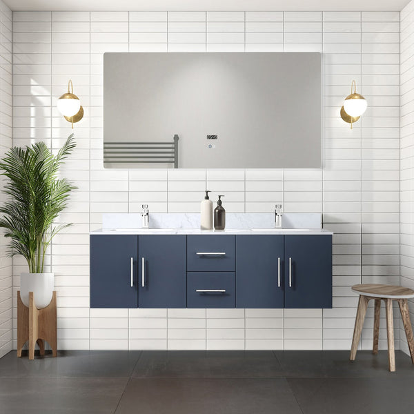 English Elm Navy Double Bath Vanity With Carrara Marble Top, Led Mirror & Ample Storage For Modern Bathrooms B2731S00669