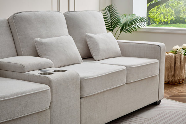 English Elm 114" Modern Upholstered Sofa with Console, Built-In USB & Cupholders, Durable Linen Fabric Comfort Beige W2353S00003