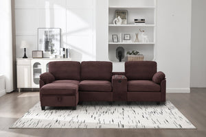 English Elm United L-Shaped Multifunctional Corduroy Sofa: 4-Seater With Usb Ports, Cup Holders & Storage Solutions W1568S00220-GIGA