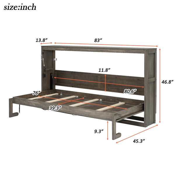 English Elm Twin Size Murphy Bed With Integrated Led Light - Space-Saving Foldable Cabinet For Stylish Living N7090004013D-GIGA