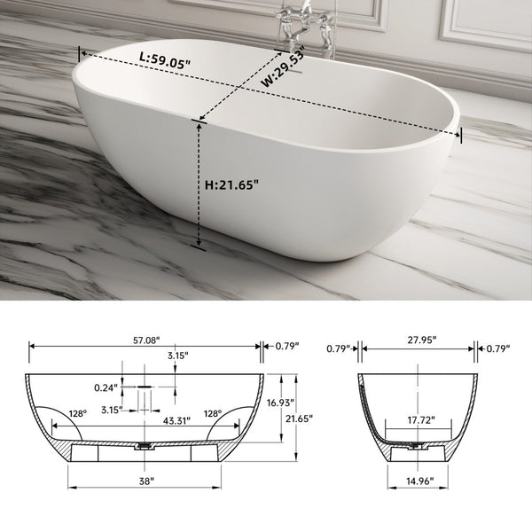 English Elm 59 Inch Freestanding Stone Resin Soaking Tub Sculptural Matte Spa Bath Design T3785P353960