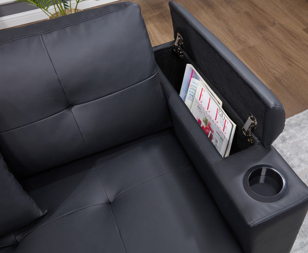 English Elm Donovan Black PVC Sleeper Sectional with USB Ports, Cupholders & Hidden Storage Arms — Versatile Comfort B061S00873