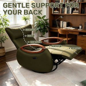 English Elm Power Reclining Swivel Chair Eco Leather Oak Armrests 260 Degree Lounge Seating Green W3795P502504