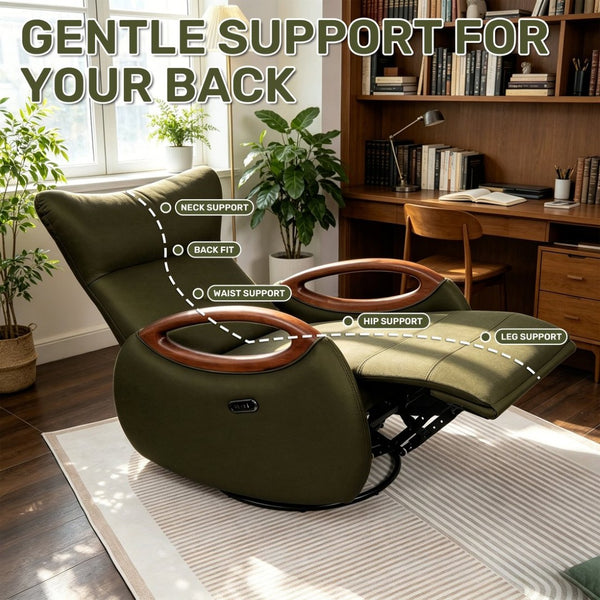 English Elm Power Reclining Swivel Chair Eco Leather Oak Armrests 260 Degree Lounge Seating Green W3795P502504